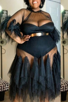 Black Sexy Solid Split Joint See-through Fold Asymmetrical O Neck Straight Plus Size Dresses