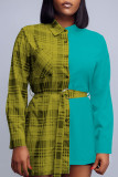 Yellow Casual Plaid Print Patchwork Buckle With Belt Turndown Collar Tops