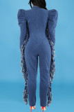 Dark Blue Fashion Casual Solid Tassel Ripped Zipper Collar Regular Jumpsuits