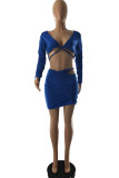 Peacock Blue Fashion Sexy Solid Hollowed Out V Neck Long Sleeve Two Pieces