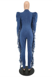 Dark Blue Fashion Casual Solid Tassel Ripped Zipper Collar Regular Jumpsuits