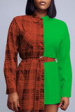 Yellow Casual Plaid Print Patchwork Buckle With Belt Turndown Collar Tops