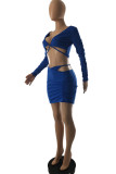 Peacock Blue Fashion Sexy Solid Hollowed Out V Neck Long Sleeve Two Pieces