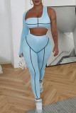 Blue Sexy Sportswear Patchwork Hollowed Out Backless Asymmetrical One Shoulder Long Sleeve Two Pieces