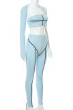 Blue Sexy Sportswear Patchwork Hollowed Out Backless Asymmetrical One Shoulder Long Sleeve Two Pieces