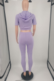 Purple Casual Solid Split Joint Hooded Collar Short Sleeve Two Pieces