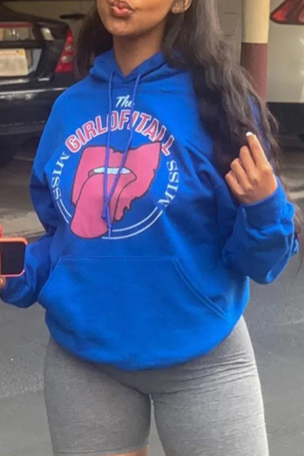 Blue Fashion Casual Print Basic Hooded Collar Tops