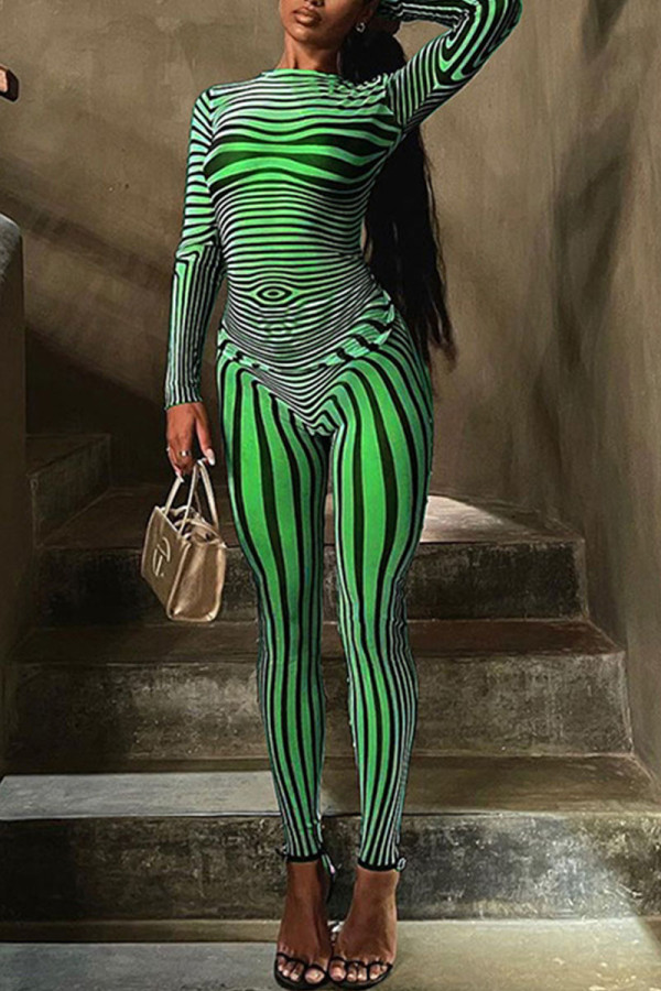 Green Sexy Striped Print Patchwork O Neck Long Sleeve Two Pieces
