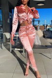 Pink Elegant Solid Hollowed Out Patchwork Frenulum Buckle Turndown Collar Long Sleeve Two Pieces