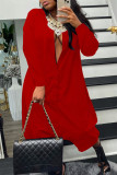 Red Casual Solid Patchwork Buckle V Neck Loose Jumpsuits