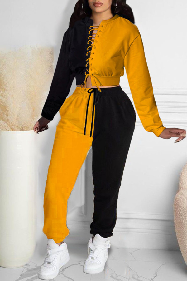 Dark Yellow Casual Solid Hollowed Out Patchwork Pocket O Neck Long Sleeve Two Pieces