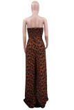 Brown Fashion Sexy Print Backless Strapless Regular Jumpsuits