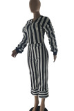 Black White Casual Striped Print Patchwork Zipper V Neck Long Sleeve Two Pieces