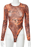 Yellow Brown Sexy Print Patchwork See-through Asymmetrical O Neck Long Sleeve Two Pieces