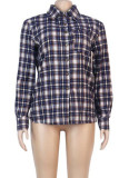 Navy Blue Casual Plaid Print Patchwork Buckle Turndown Collar T-Shirts