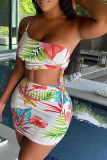 White Sexy Print Patchwork One Shoulder Sleeveless Two Pieces