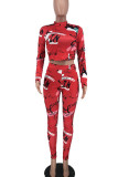 Red Casual Print Patchwork O Neck Long Sleeve Two Pieces