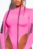 Pink Sexy Letter Print Patchwork O Neck Skinny Bodysuits