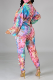Pink Casual Patchwork Tie-dye O Neck Long Sleeve Two Pieces