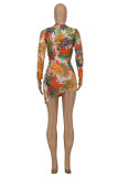 Colour Sexy Print Hollowed Out Patchwork O Neck Long Sleeve Two Pieces