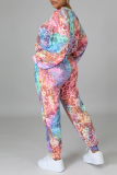 Pink Casual Patchwork Tie-dye O Neck Long Sleeve Two Pieces