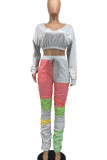Grey Casual Street Patchwork Fold V Neck Long Sleeve Two Pieces