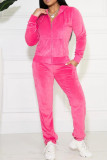 Rose Red Casual Sportswear Solid Patchwork Zipper Hooded Collar Long Sleeve Two Pieces