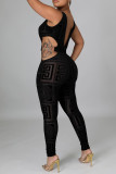 Black Sexy Print Hollowed Out See-through Backless V Neck Skinny Jumpsuits