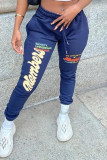 Blue Fashion Casual Print Basic Regular High Waist Trousers