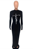 Burgundy Fashion Casual Print Basic Turtleneck Long Sleeve Dresses