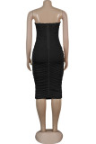 Black Sexy Spaghetti Strap Sleeveless One word collar A-Line Knee-Length Patchwork Mesh perspect