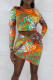 Colour Sexy Print Hollowed Out Patchwork O Neck Long Sleeve Two Pieces