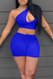 Peacock Blue Sexy Solid Hollowed Out Patchwork Oblique Collar Sleeveless Two Pieces