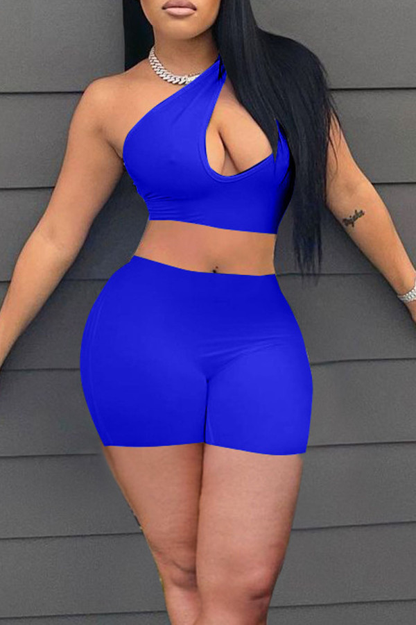 Peacock Blue Sexy Solid Hollowed Out Patchwork Oblique Collar Sleeveless Two Pieces