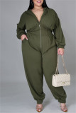 Green Fashion Casual Print Split Joint Zipper Hooded Collar Plus Size Jumpsuits