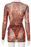 Yellow Brown Sexy Print Patchwork See-through Asymmetrical O Neck Long Sleeve Two Pieces