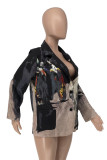 Black Fashion Casual Print Cardigan Turn-back Collar Outerwear