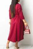 Ink Green Solid Patchwork Buckle Asymmetrical Turndown Collar Shirt Dress Dresses(Contain The Belt)