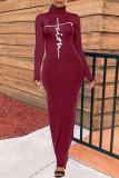 Burgundy Fashion Casual Print Basic Turtleneck Long Sleeve Dresses