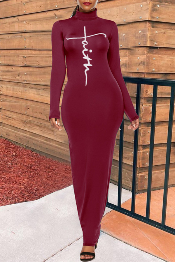 Burgundy Fashion Casual Print Basic Turtleneck Long Sleeve Dresses