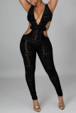 Black Sexy Print Hollowed Out See-through Backless V Neck Skinny Jumpsuits