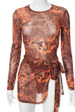 Yellow Brown Sexy Print Patchwork See-through Asymmetrical O Neck Long Sleeve Two Pieces