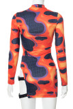 Multicolor Sexy Print Hollowed Out Patchwork O Neck One Step Skirt Dresses