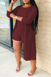 Burgundy Fashion Casual Solid Cardigan O Neck Plus Size Two Pieces