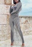 Black White Sexy Striped Print Patchwork See-through O Neck One Step Skirt Dresses