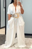 White Fashion Casual Solid Patchwork Pocket Turndown Collar Loose Jumpsuits (Without Belt)