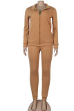 Earth Yellow Casual Solid Patchwork Zipper Collar Long Sleeve Two Pieces