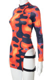 Multicolor Sexy Print Hollowed Out Patchwork O Neck One Step Skirt Dresses