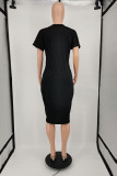 Black Fashion Casual Plus Size Letter Print Basic V Neck Short Sleeve Dress
