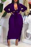Purple Fashion Casual Solid Tassel Hollowed Out V Neck Long Sleeve Two Pieces